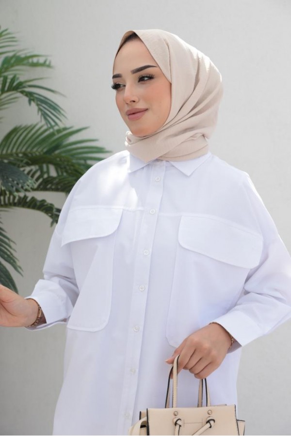  Çift Cepli Tesettür Gömlek Beyaz 61514