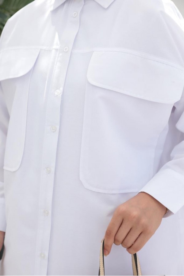  Çift Cepli Tesettür Gömlek Beyaz 61514