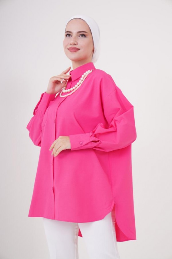  İnci Detaylı Tesettür Gömlek Fuşya 61515