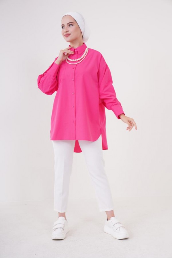  İnci Detaylı Tesettür Gömlek Fuşya 61515