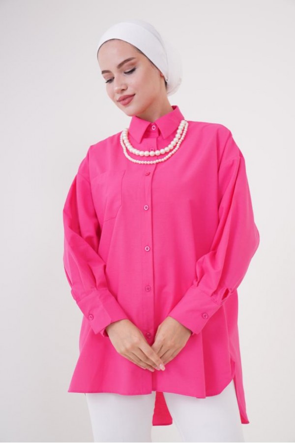  İnci Detaylı Tesettür Gömlek Fuşya 61515