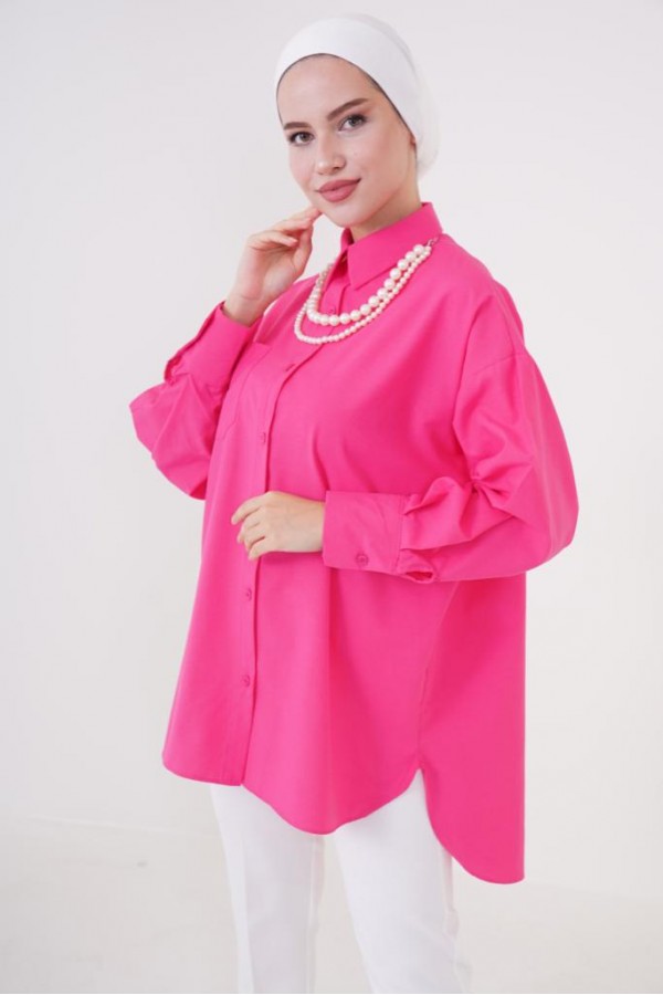  İnci Detaylı Tesettür Gömlek Fuşya 61515