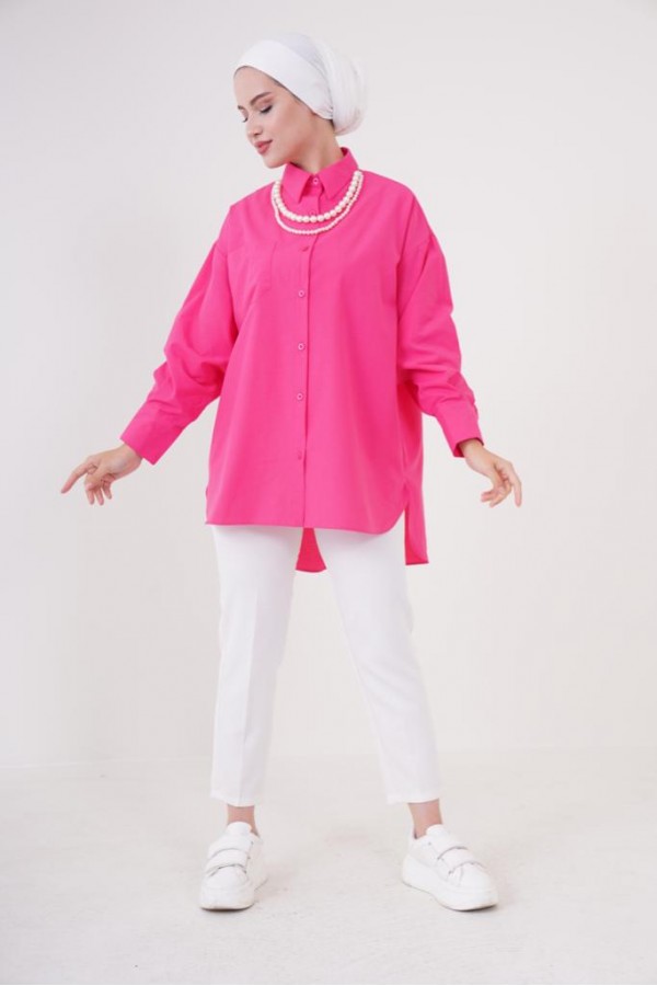  İnci Detaylı Tesettür Gömlek Fuşya 61515