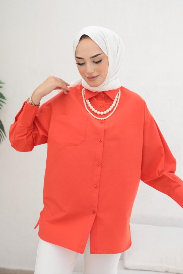  İnci Detaylı Tesettür Gömlek Oranj 61515