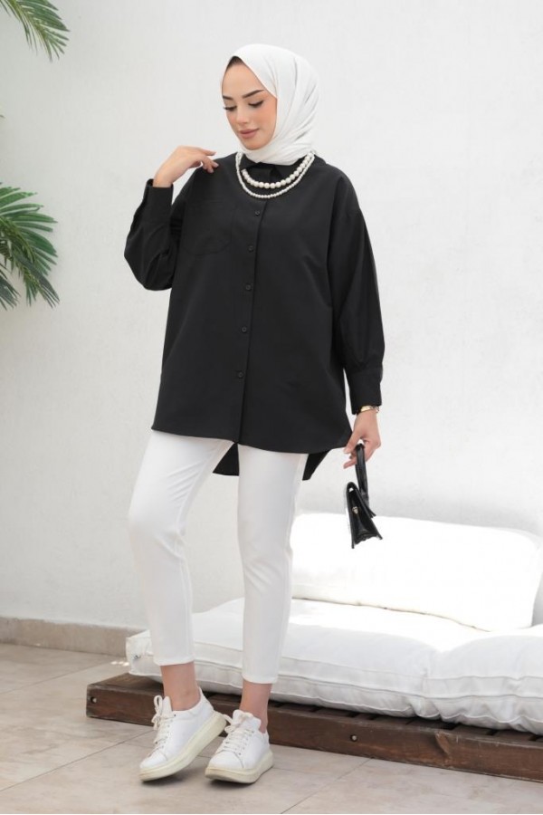  İnci Detaylı Tesettür Gömlek Siyah 61515