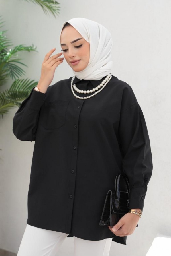  İnci Detaylı Tesettür Gömlek Siyah 61515