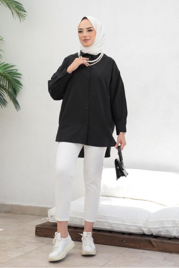  İnci Detaylı Tesettür Gömlek Siyah 61515