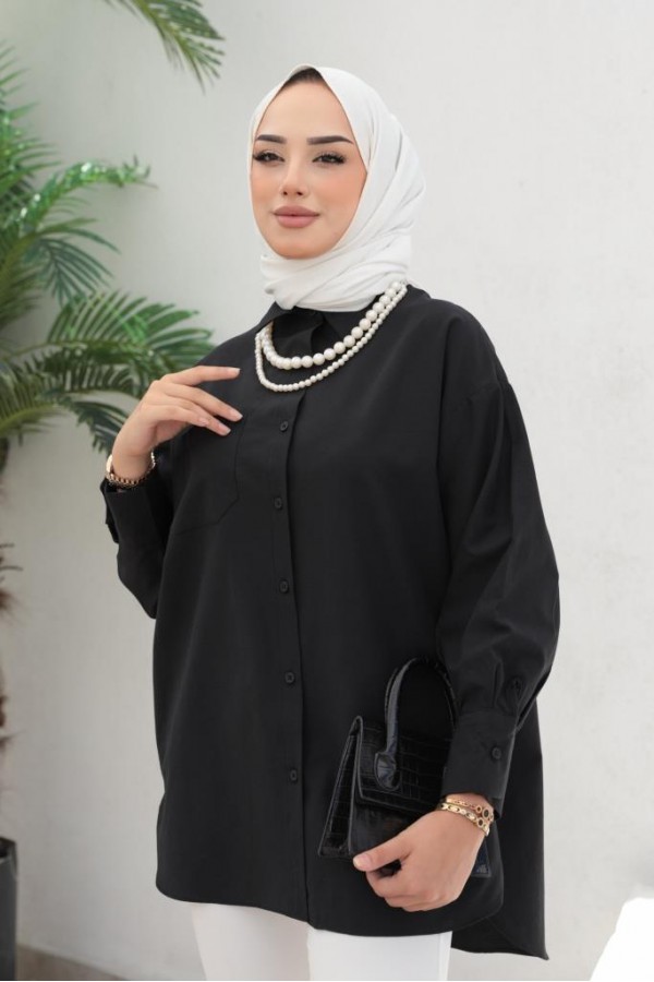  İnci Detaylı Tesettür Gömlek Siyah 61515