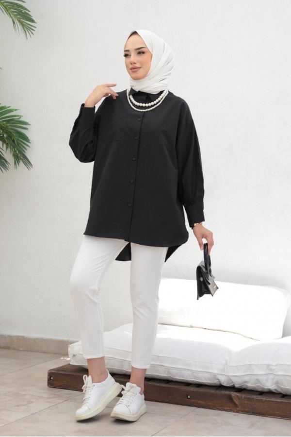  İnci Detaylı Tesettür Gömlek Siyah 61515