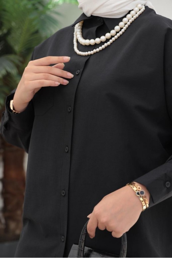  İnci Detaylı Tesettür Gömlek Siyah 61515