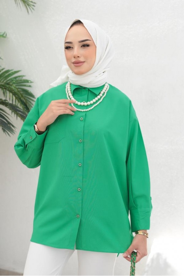  İnci Detaylı Tesettür Gömlek Yeşil 61515