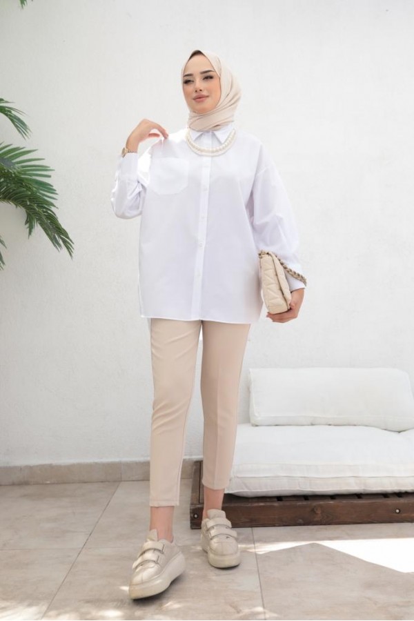  İnci Detaylı Tesettür Gömlek Beyaz 61515