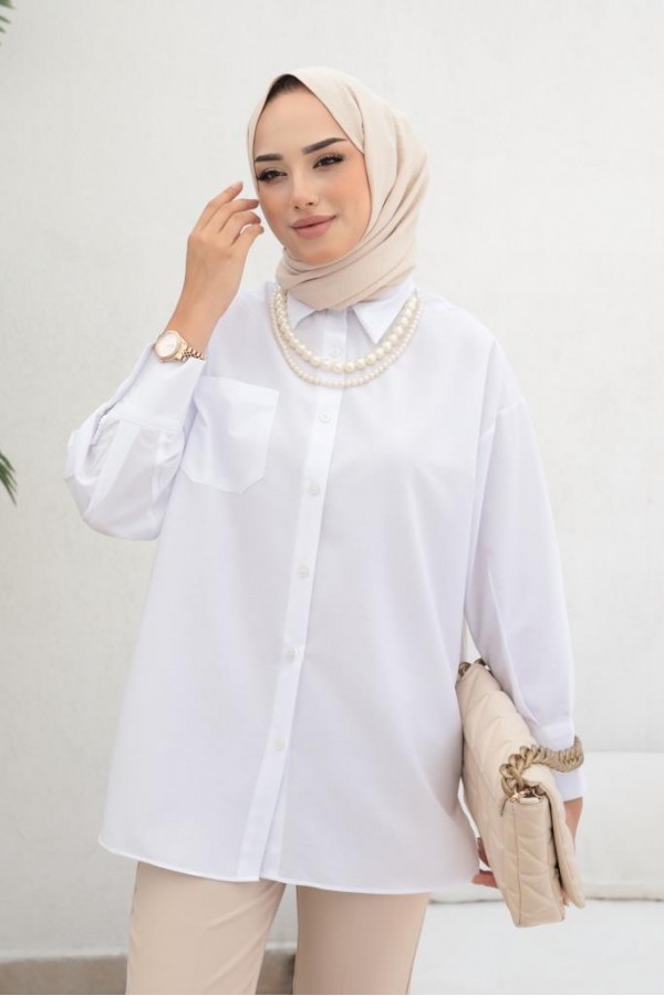  İnci Detaylı Tesettür Gömlek Beyaz 61515