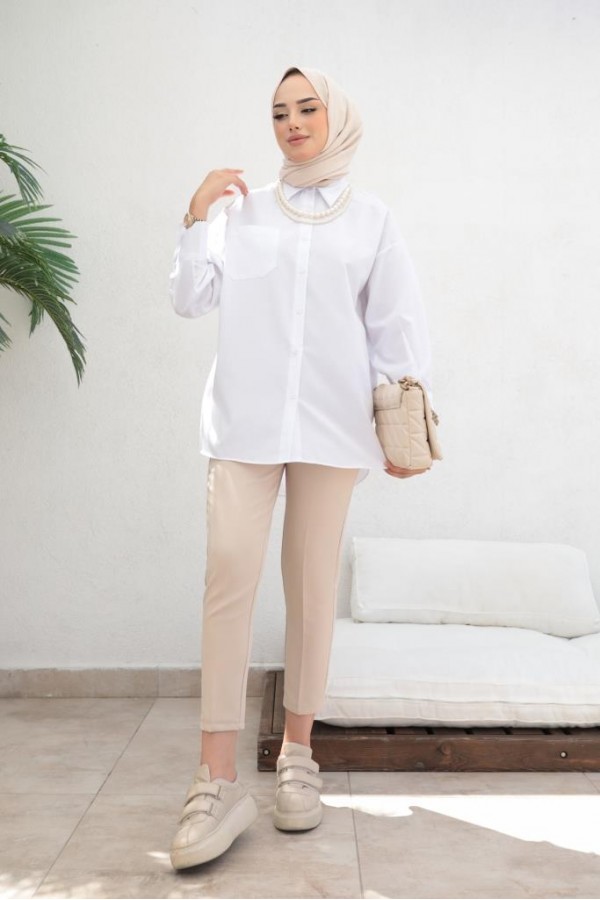  İnci Detaylı Tesettür Gömlek Beyaz 61515