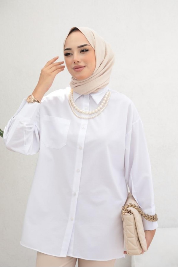  İnci Detaylı Tesettür Gömlek Beyaz 61515