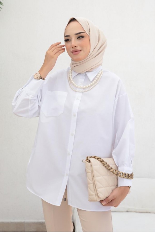  İnci Detaylı Tesettür Gömlek Beyaz 61515