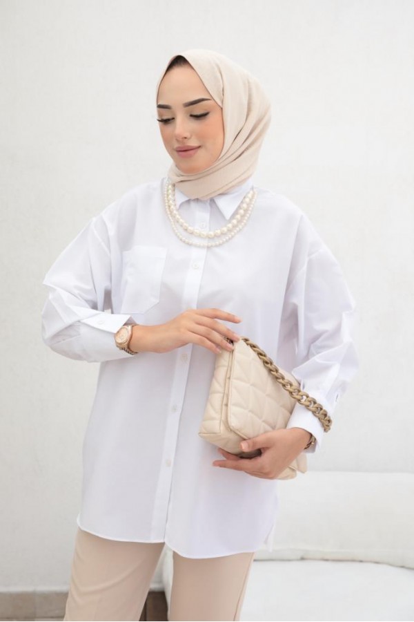  İnci Detaylı Tesettür Gömlek Beyaz 61515