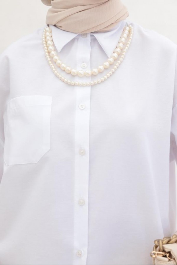  İnci Detaylı Tesettür Gömlek Beyaz 61515