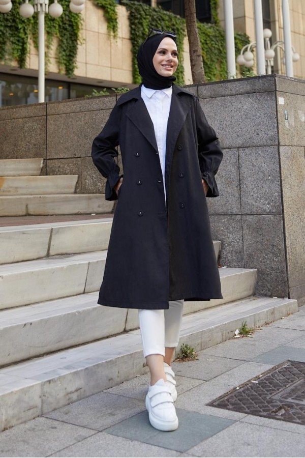 Kuşaklı Tesettür Trenç Siyah 61509 Kuşaklı Tesettür Trenç Siyah 61509