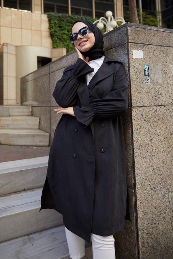 Kuşaklı Tesettür Trenç Siyah 61509 Kuşaklı Tesettür Trenç Siyah 61509