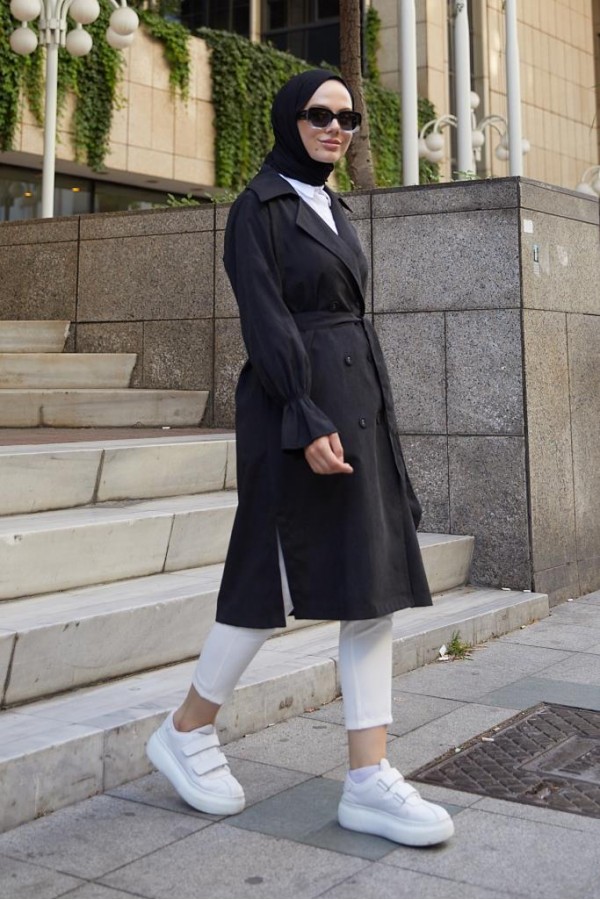 Kuşaklı Tesettür Trenç Siyah 61509 Kuşaklı Tesettür Trenç Siyah 61509