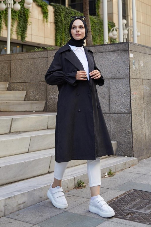 Kuşaklı Tesettür Trenç Siyah 61509 Kuşaklı Tesettür Trenç Siyah 61509