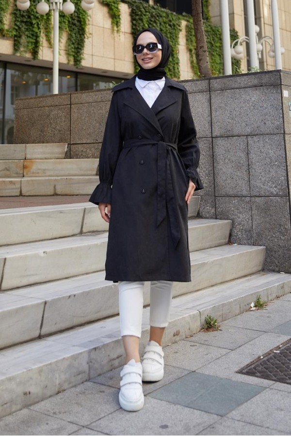 Kuşaklı Tesettür Trenç Siyah 61509 Kuşaklı Tesettür Trenç Siyah 61509