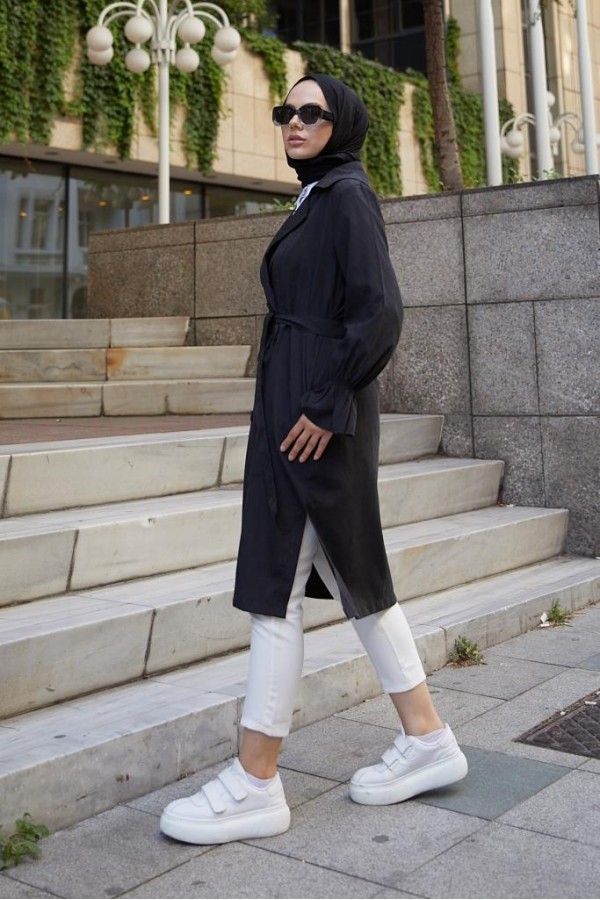 Kuşaklı Tesettür Trenç Siyah 61509 Kuşaklı Tesettür Trenç Siyah 61509