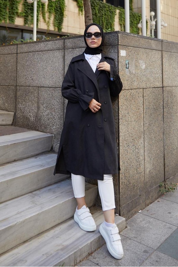 Kuşaklı Tesettür Trenç Siyah 61509 Kuşaklı Tesettür Trenç Siyah 61509