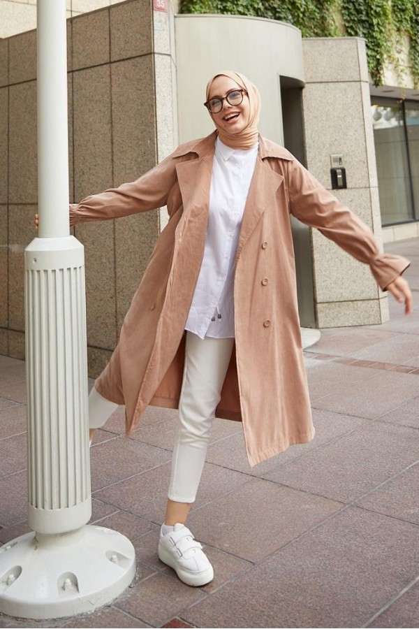  Kuşaklı Tesettür Trenç Vizon 61509