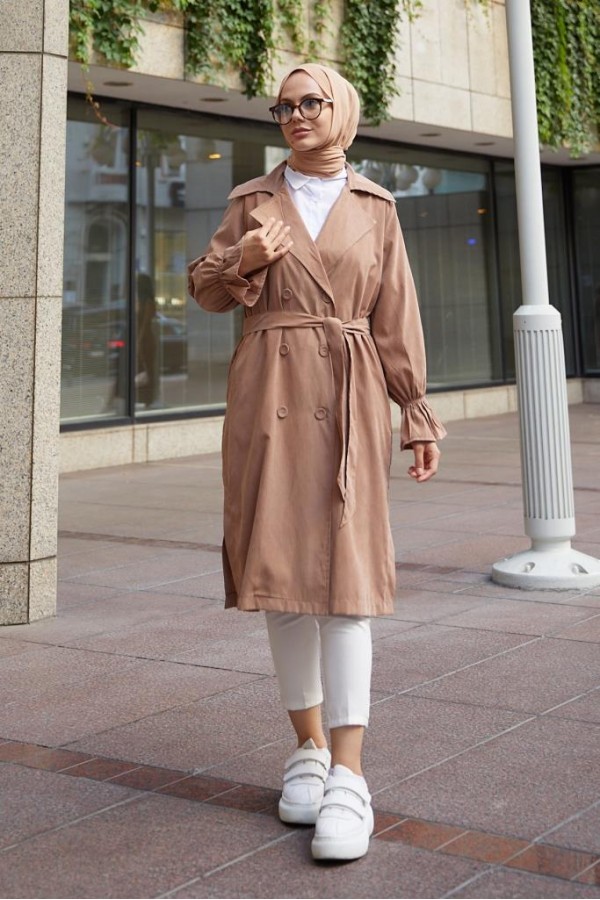  Kuşaklı Tesettür Trenç Vizon 61509