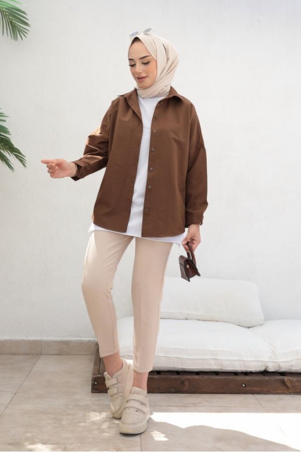  Klasik Tesettür Gömlek Kahve 3900