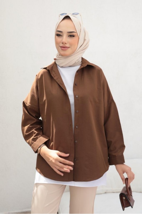  Klasik Tesettür Gömlek Kahve 3900