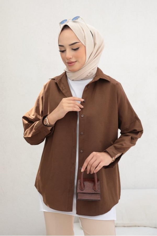  Klasik Tesettür Gömlek Kahve 3900