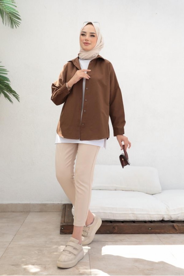  Klasik Tesettür Gömlek Kahve 3900