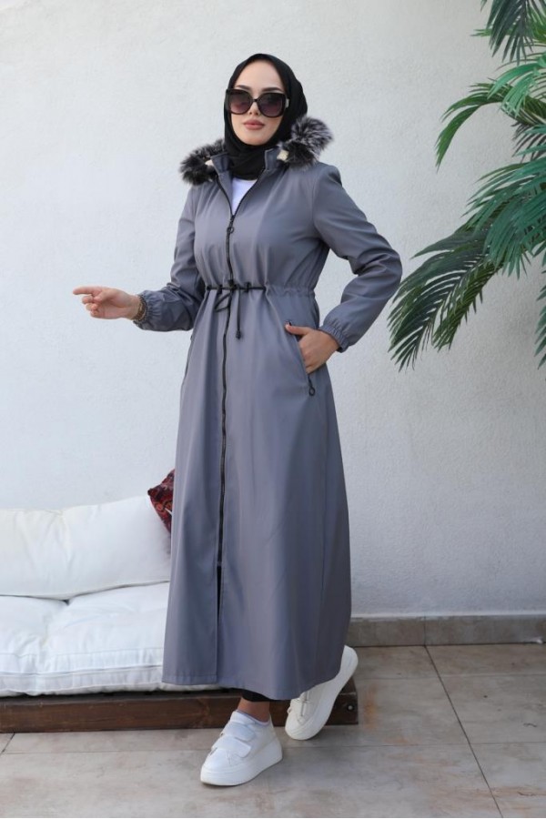 İçi Kürklü Kapüşonlu Uzun Bondit Kaban Gri 9502 İçi Kürklü Kapüşonlu Uzun Bondit Kaban Gri 9502