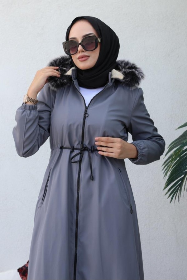 İçi Kürklü Kapüşonlu Uzun Bondit Kaban Gri 9502 İçi Kürklü Kapüşonlu Uzun Bondit Kaban Gri 9502