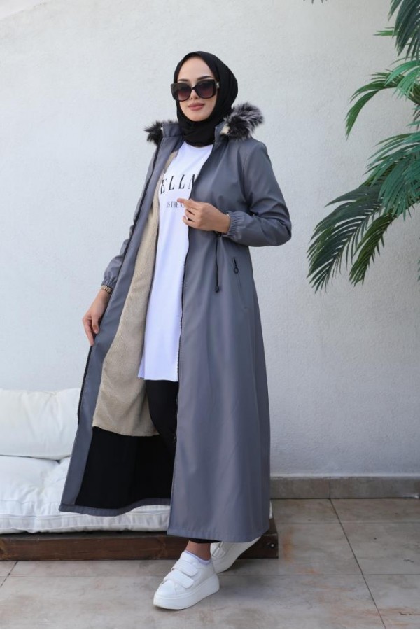 İçi Kürklü Kapüşonlu Uzun Bondit Kaban Gri 9502 İçi Kürklü Kapüşonlu Uzun Bondit Kaban Gri 9502