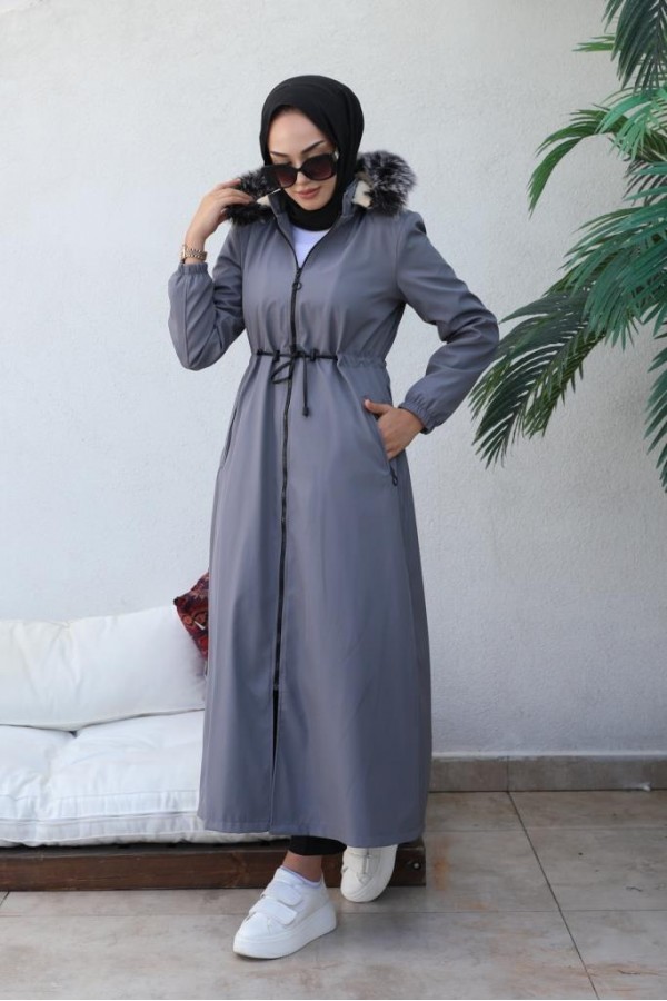 İçi Kürklü Kapüşonlu Uzun Bondit Kaban Gri 9502 İçi Kürklü Kapüşonlu Uzun Bondit Kaban Gri 9502