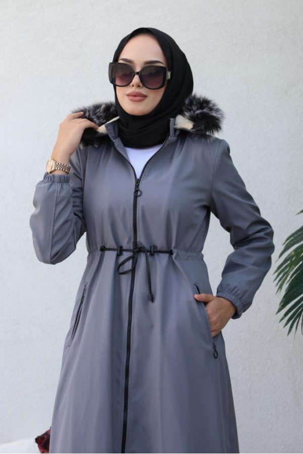 İçi Kürklü Kapüşonlu Uzun Bondit Kaban Gri 9502 İçi Kürklü Kapüşonlu Uzun Bondit Kaban Gri 9502