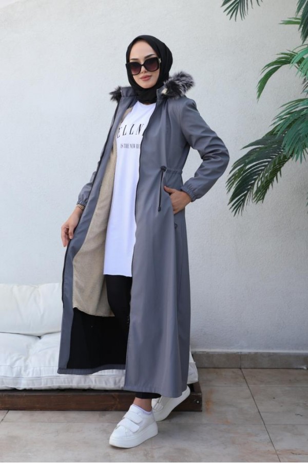 İçi Kürklü Kapüşonlu Uzun Bondit Kaban Gri 9502 İçi Kürklü Kapüşonlu Uzun Bondit Kaban Gri 9502