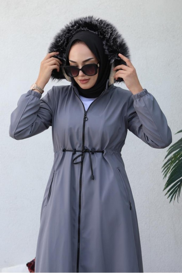 İçi Kürklü Kapüşonlu Uzun Bondit Kaban Gri 9502 İçi Kürklü Kapüşonlu Uzun Bondit Kaban Gri 9502