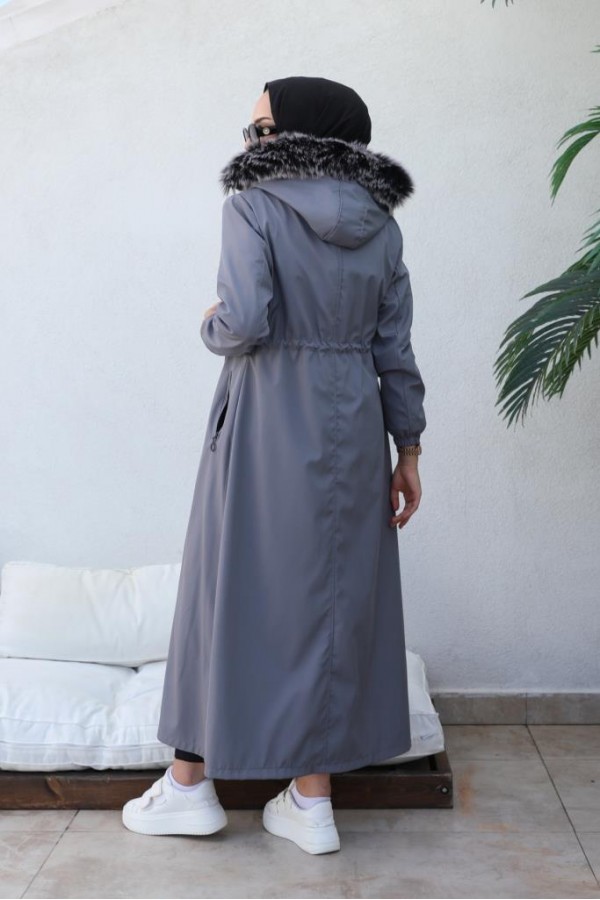 İçi Kürklü Kapüşonlu Uzun Bondit Kaban Gri 9502 İçi Kürklü Kapüşonlu Uzun Bondit Kaban Gri 9502