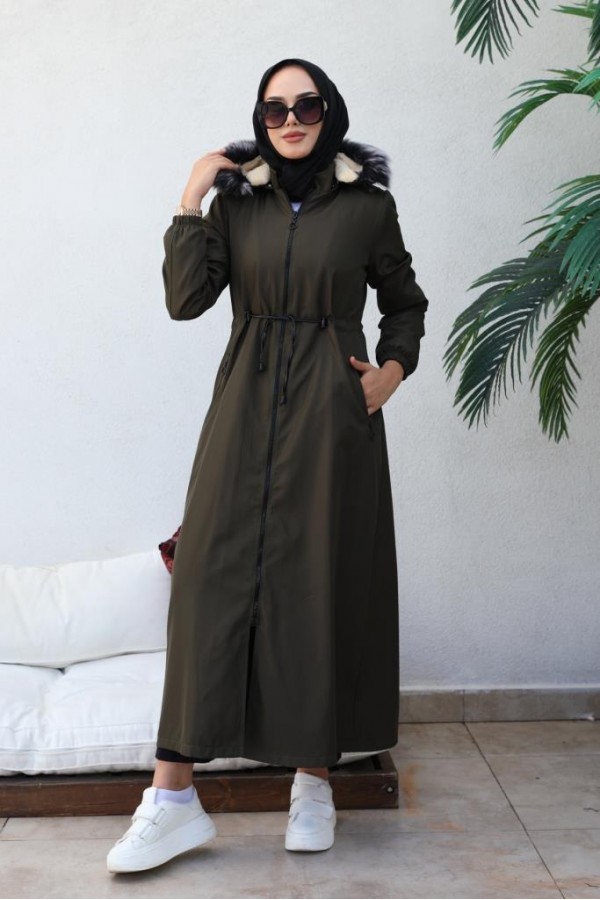 İçi Kürklü Kapüşonlu Uzun Bondit Kaban Haki 9502 İçi Kürklü Kapüşonlu Uzun Bondit Kaban Haki 9502