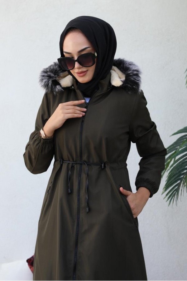 İçi Kürklü Kapüşonlu Uzun Bondit Kaban Haki 9502 İçi Kürklü Kapüşonlu Uzun Bondit Kaban Haki 9502