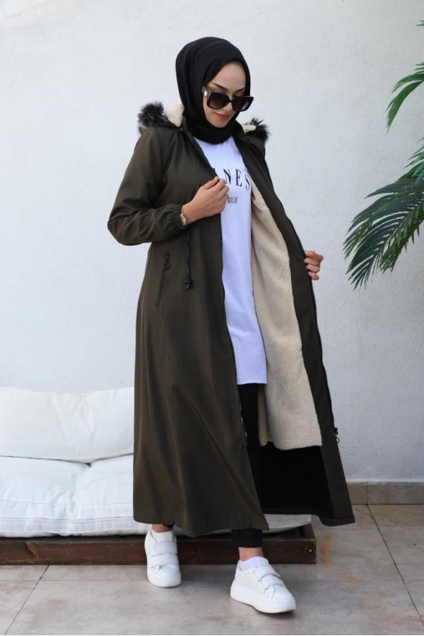 İçi Kürklü Kapüşonlu Uzun Bondit Kaban Haki 9502 İçi Kürklü Kapüşonlu Uzun Bondit Kaban Haki 9502