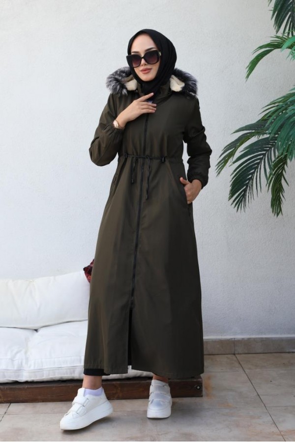 İçi Kürklü Kapüşonlu Uzun Bondit Kaban Haki 9502 İçi Kürklü Kapüşonlu Uzun Bondit Kaban Haki 9502