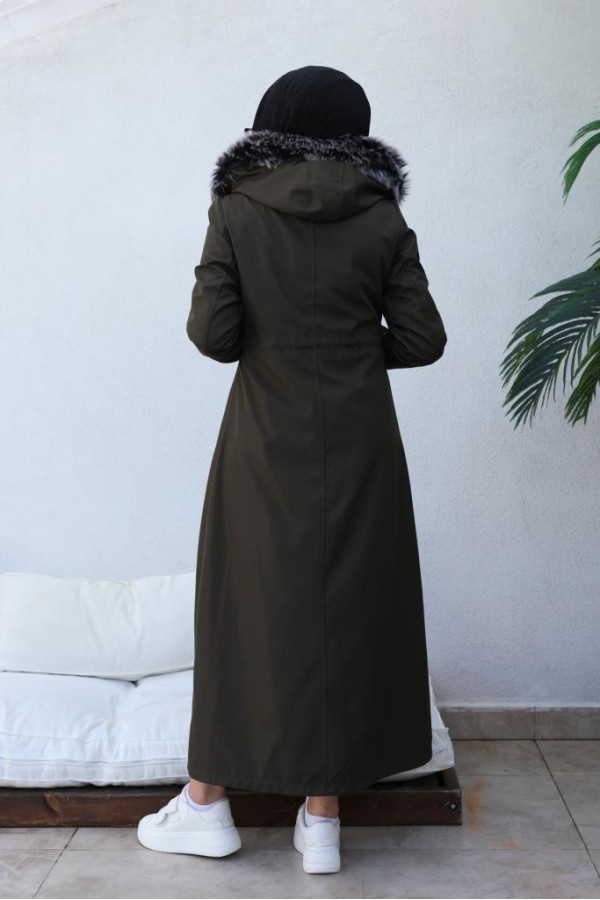 İçi Kürklü Kapüşonlu Uzun Bondit Kaban Haki 9502 İçi Kürklü Kapüşonlu Uzun Bondit Kaban Haki 9502