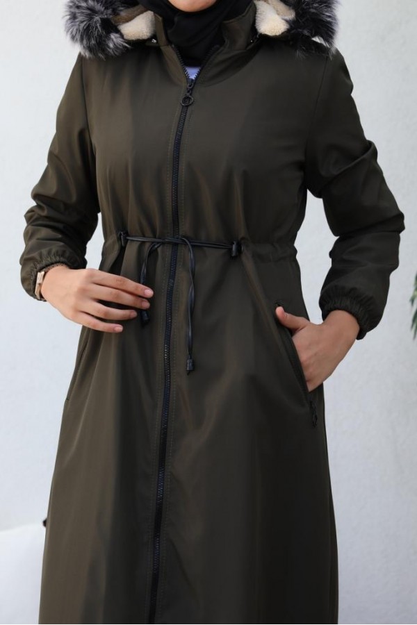 İçi Kürklü Kapüşonlu Uzun Bondit Kaban Haki 9502 İçi Kürklü Kapüşonlu Uzun Bondit Kaban Haki 9502