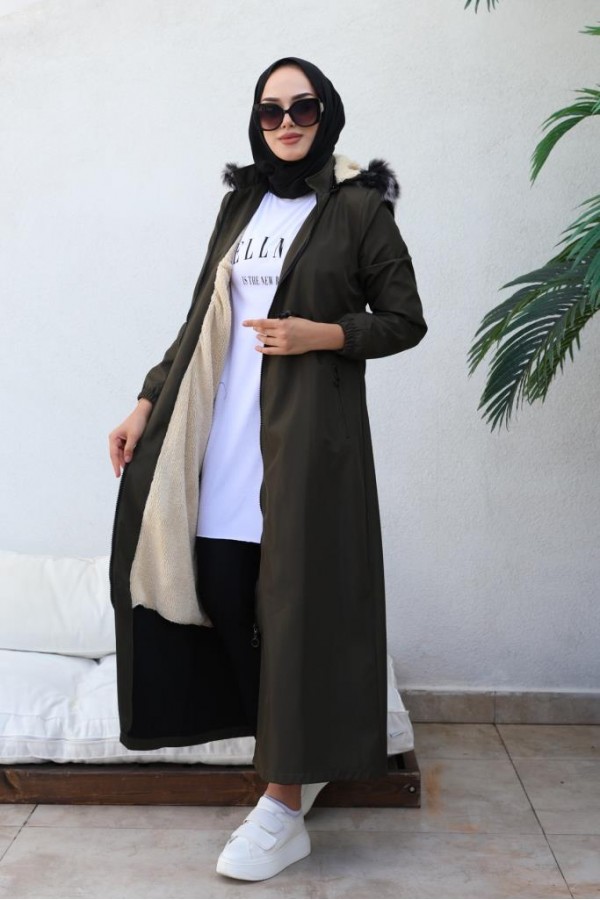 İçi Kürklü Kapüşonlu Uzun Bondit Kaban Haki 9502 İçi Kürklü Kapüşonlu Uzun Bondit Kaban Haki 9502